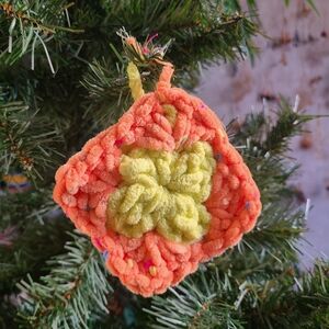 Handmade Orange and Lime Green Crochet Ornament Granny Square Home Art Accent